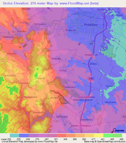 Urcice,Czech Republic Elevation Map