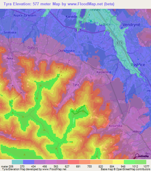 Tyra,Czech Republic Elevation Map