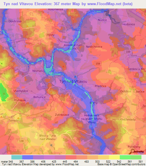 Tyn nad Vltavou,Czech Republic Elevation Map