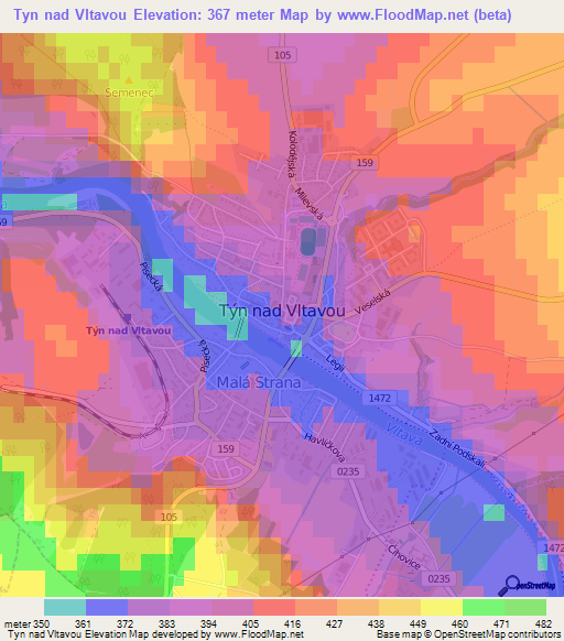Tyn nad Vltavou,Czech Republic Elevation Map