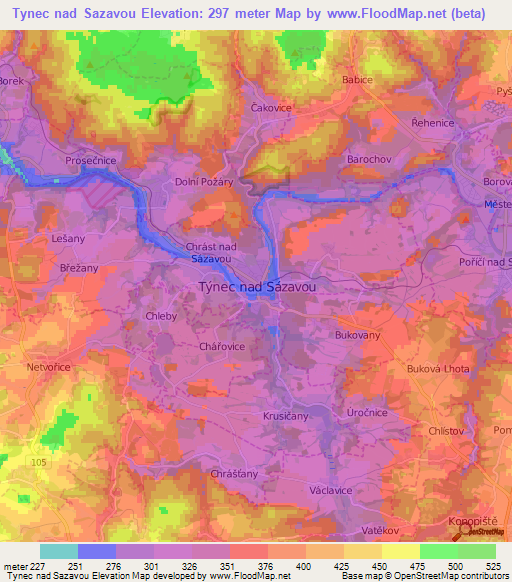 Tynec nad Sazavou,Czech Republic Elevation Map
