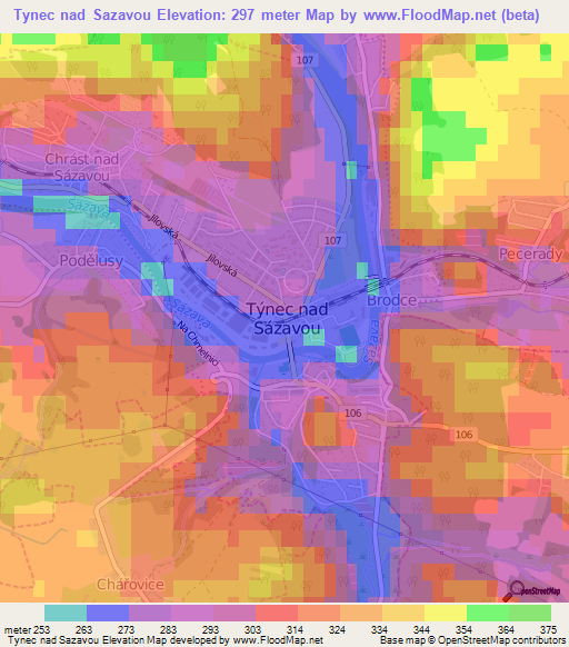 Tynec nad Sazavou,Czech Republic Elevation Map