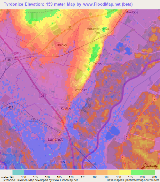 Tvrdonice,Czech Republic Elevation Map