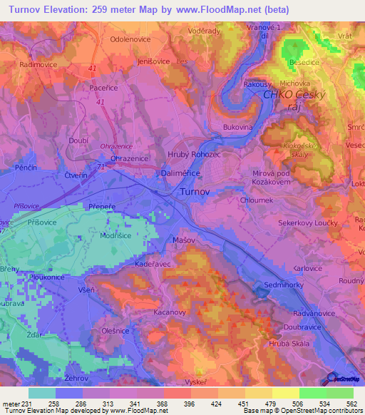 Turnov,Czech Republic Elevation Map