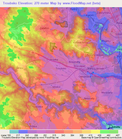 Troubsko,Czech Republic Elevation Map