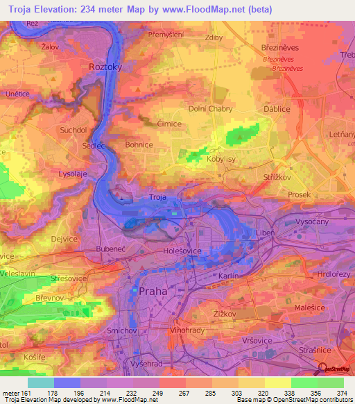 Troja,Czech Republic Elevation Map