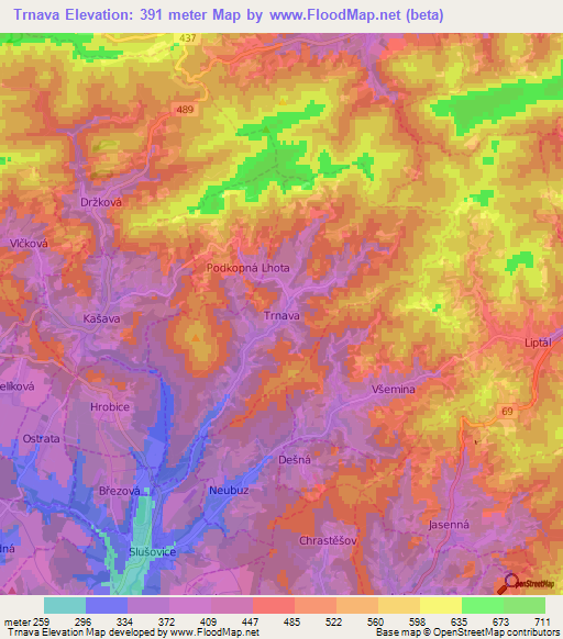 Trnava,Czech Republic Elevation Map