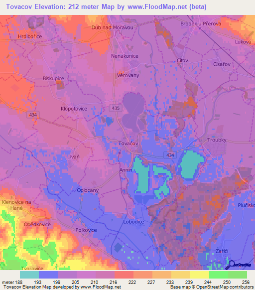 Tovacov,Czech Republic Elevation Map