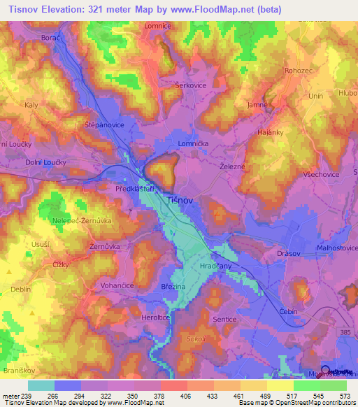 Tisnov,Czech Republic Elevation Map