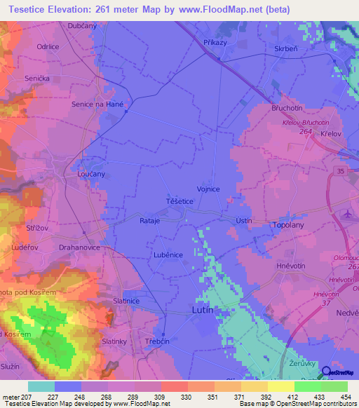 Tesetice,Czech Republic Elevation Map