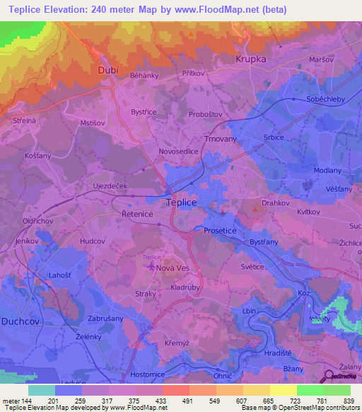 Teplice,Czech Republic Elevation Map