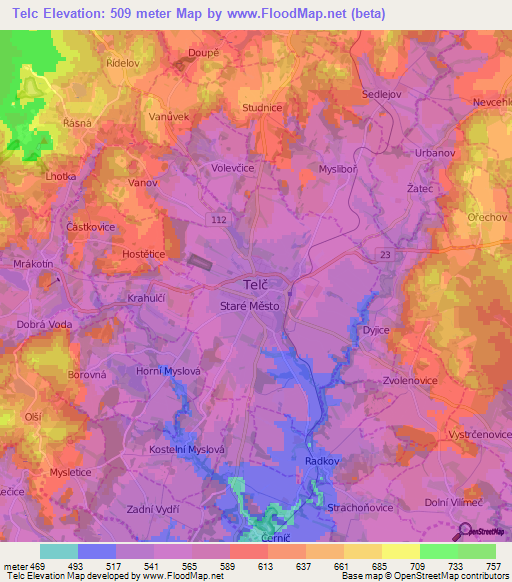 Telc,Czech Republic Elevation Map