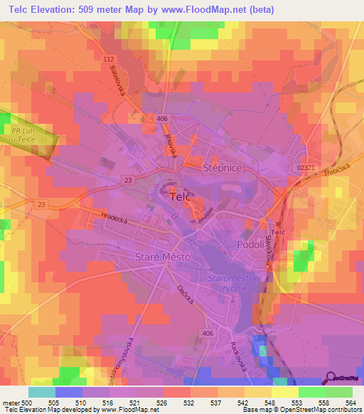 Telc,Czech Republic Elevation Map