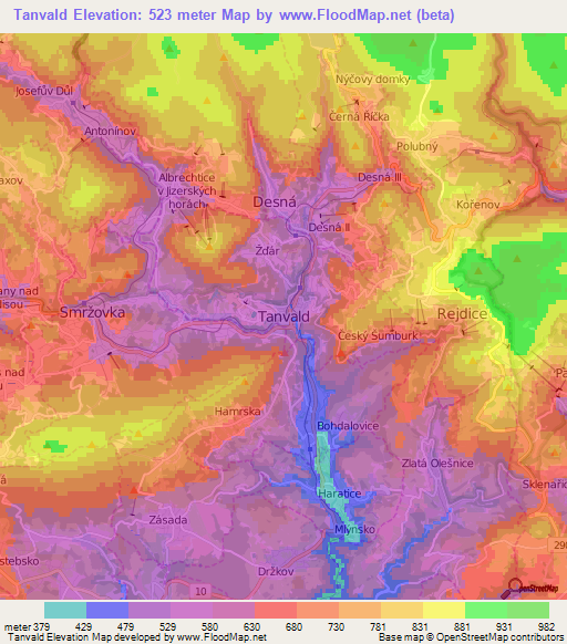 Tanvald,Czech Republic Elevation Map