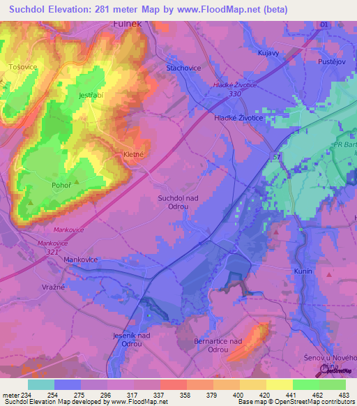 Suchdol,Czech Republic Elevation Map