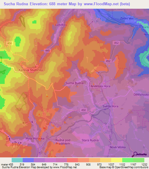 Sucha Rudna,Czech Republic Elevation Map