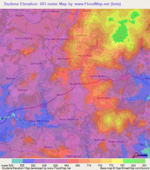 Studena,Czech Republic Elevation Map