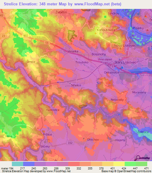 Strelice,Czech Republic Elevation Map
