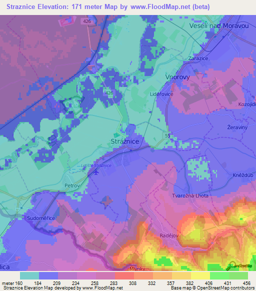 Straznice,Czech Republic Elevation Map