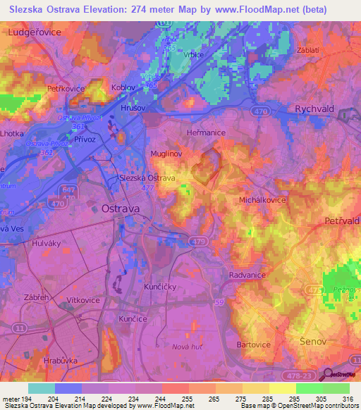 Slezska Ostrava,Czech Republic Elevation Map