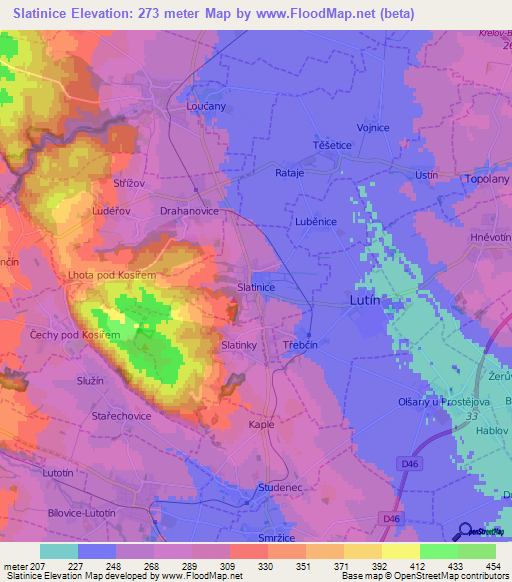 Slatinice,Czech Republic Elevation Map