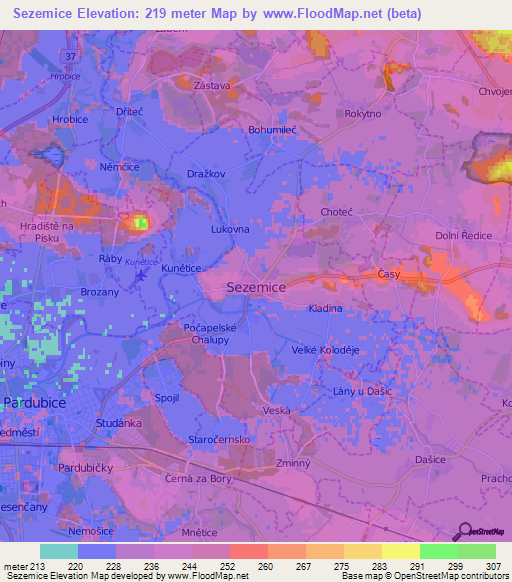 Sezemice,Czech Republic Elevation Map