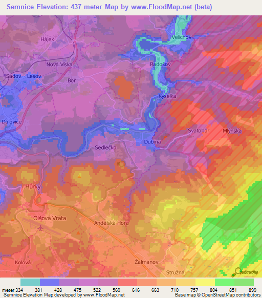 Semnice,Czech Republic Elevation Map