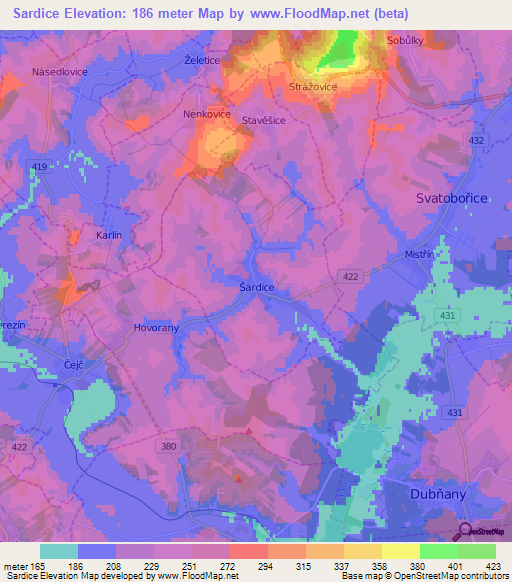 Sardice,Czech Republic Elevation Map