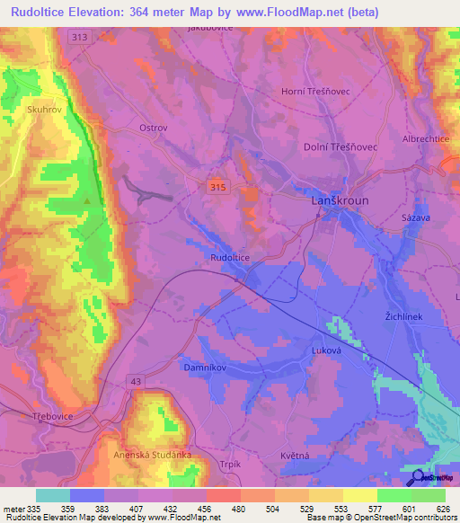 Rudoltice,Czech Republic Elevation Map