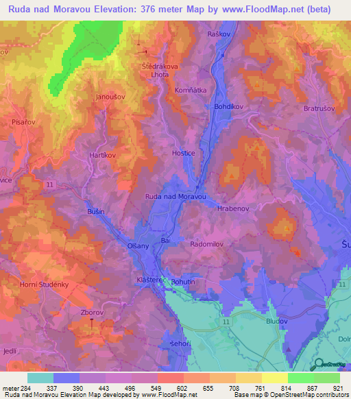 Ruda nad Moravou,Czech Republic Elevation Map