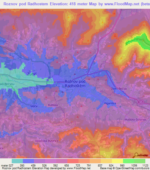 Roznov pod Radhostem,Czech Republic Elevation Map