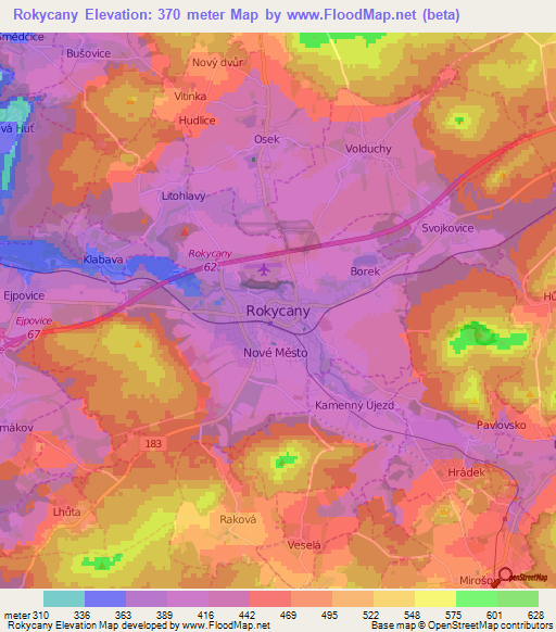 Rokycany,Czech Republic Elevation Map