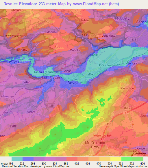 Revnice,Czech Republic Elevation Map