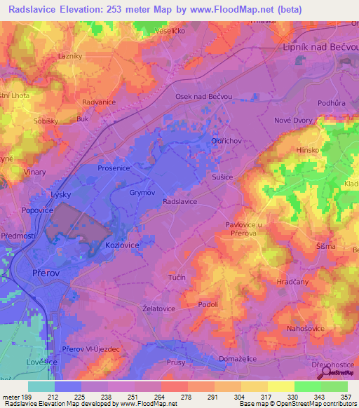 Radslavice,Czech Republic Elevation Map