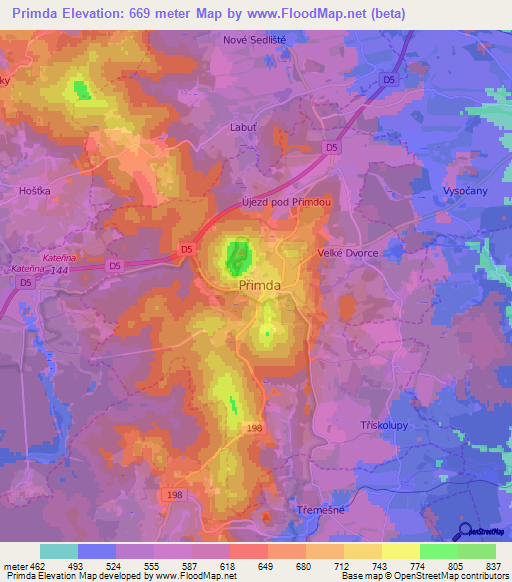 Primda,Czech Republic Elevation Map