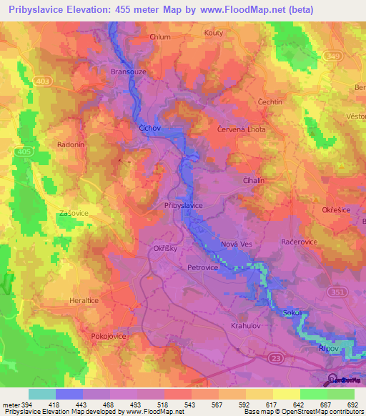 Pribyslavice,Czech Republic Elevation Map