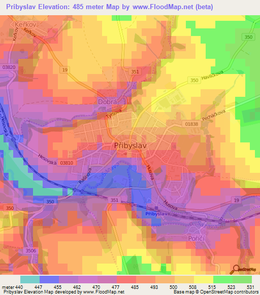 Pribyslav,Czech Republic Elevation Map