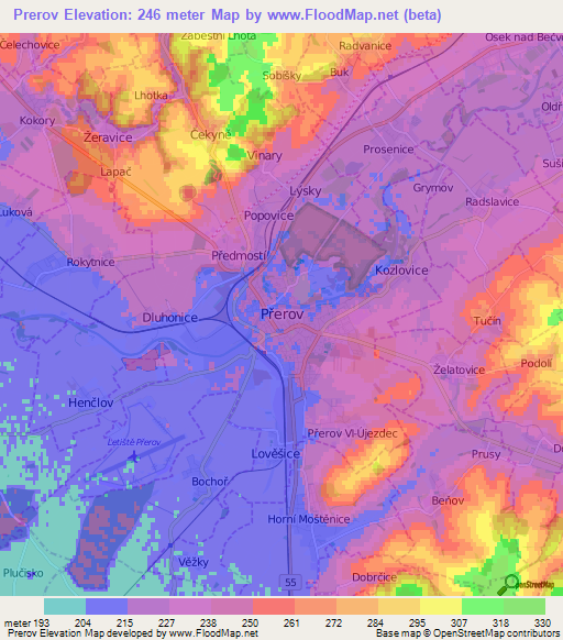 Prerov,Czech Republic Elevation Map