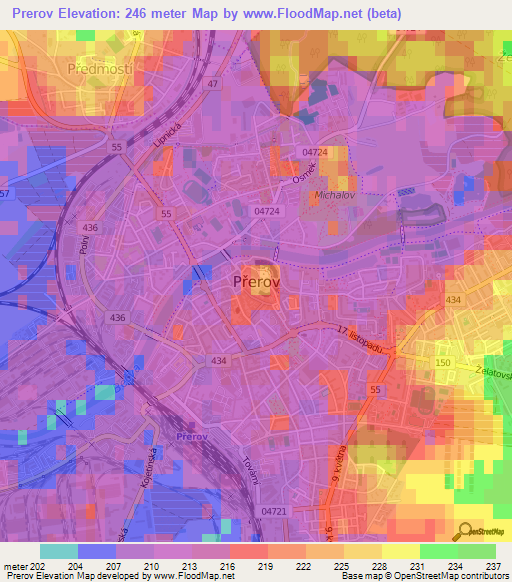 Prerov,Czech Republic Elevation Map