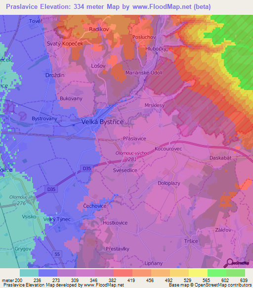 Praslavice,Czech Republic Elevation Map