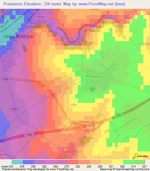 Praslavice,Czech Republic Elevation Map