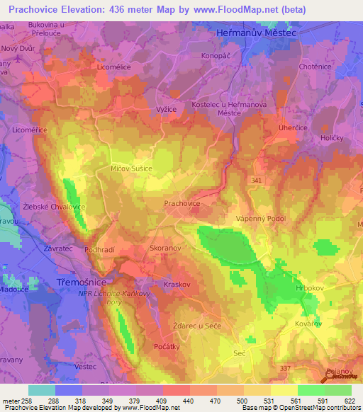 Prachovice,Czech Republic Elevation Map