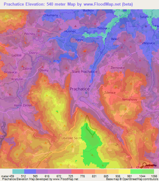 Prachatice,Czech Republic Elevation Map