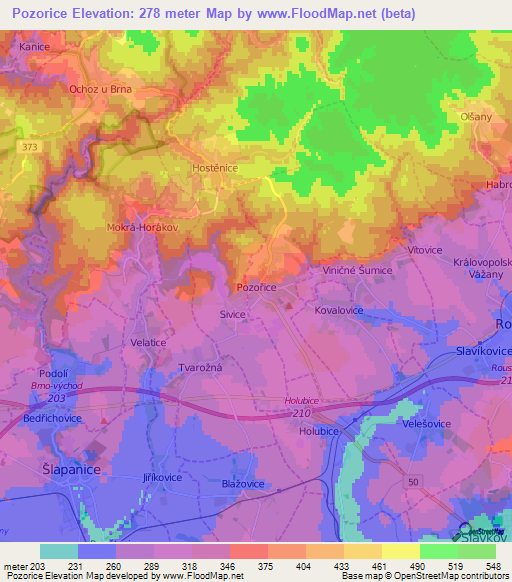 Pozorice,Czech Republic Elevation Map