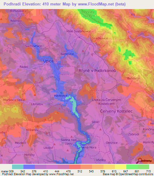 Podhradi,Czech Republic Elevation Map
