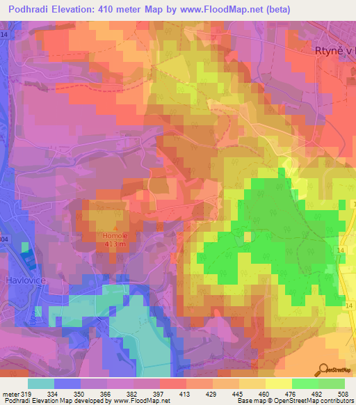 Podhradi,Czech Republic Elevation Map