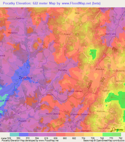 Pocatky,Czech Republic Elevation Map