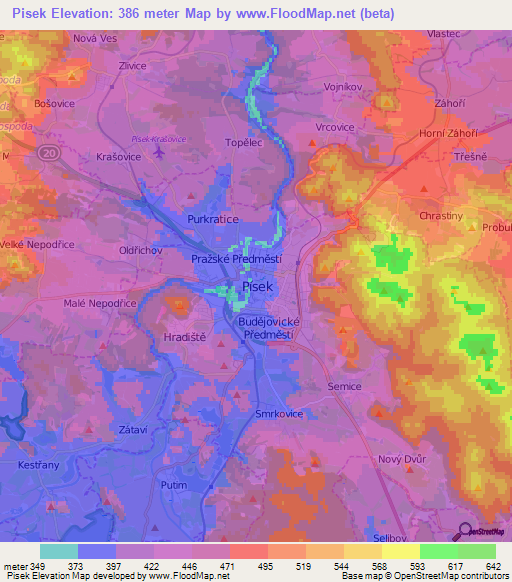 Pisek,Czech Republic Elevation Map