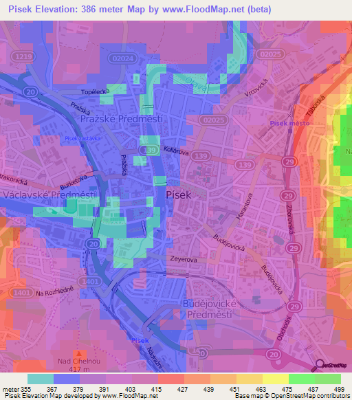 Pisek,Czech Republic Elevation Map