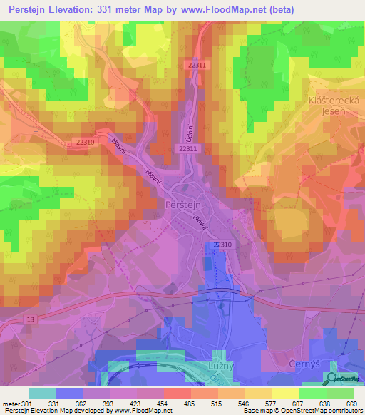 Perstejn,Czech Republic Elevation Map